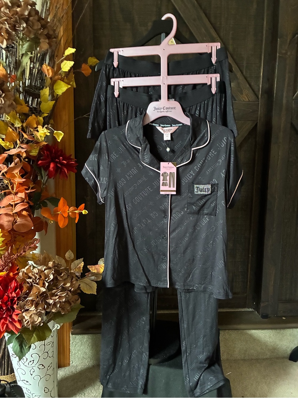 Juicy Couture Black Short Sleeve Pajama Set with Contrast Piping
